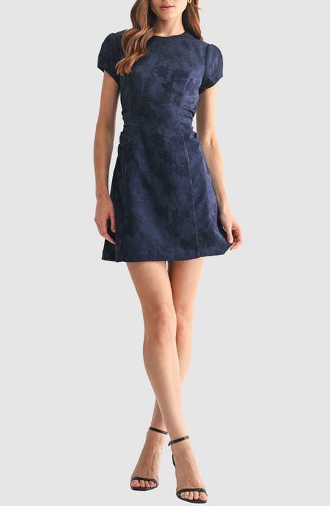Cap Sleeve Ruched Jacquard Fit & Flare Dress