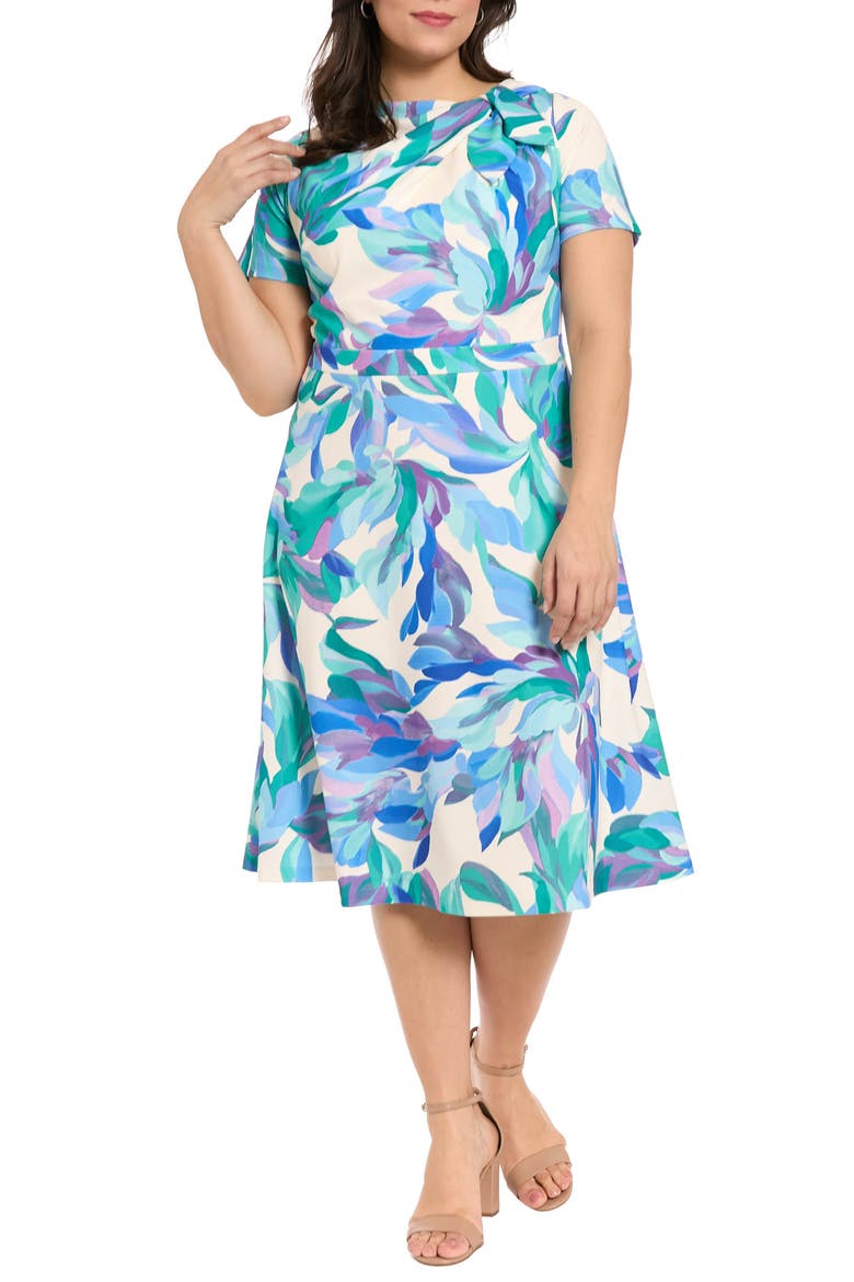 Tie Neck Fit & Flare Midi Dress, Main, color, IVORY/ BLUE