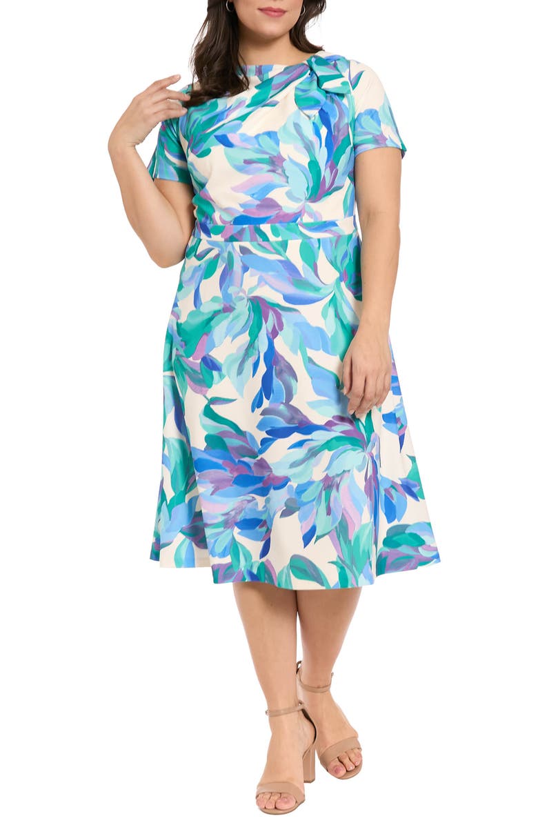 London Times Tie Neck Fit & Flare Midi Dress, Main, color, Ivory/ Blue