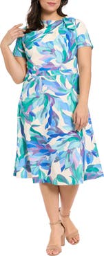 London Times Tie Neck Fit & Flare Midi Dress