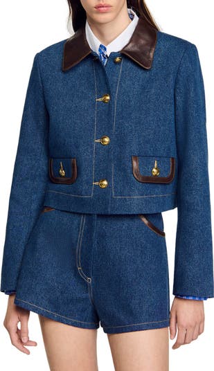 SANDRO Denim jacket with leather collar | Nordstrom