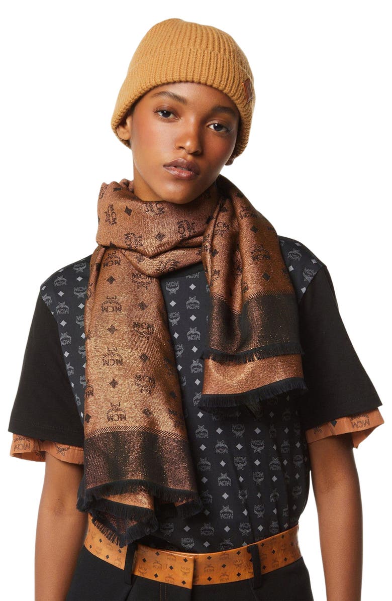 MCM Monogram Shawl in Wool-Silk Jacquard, Alternate, color, Mars Gold