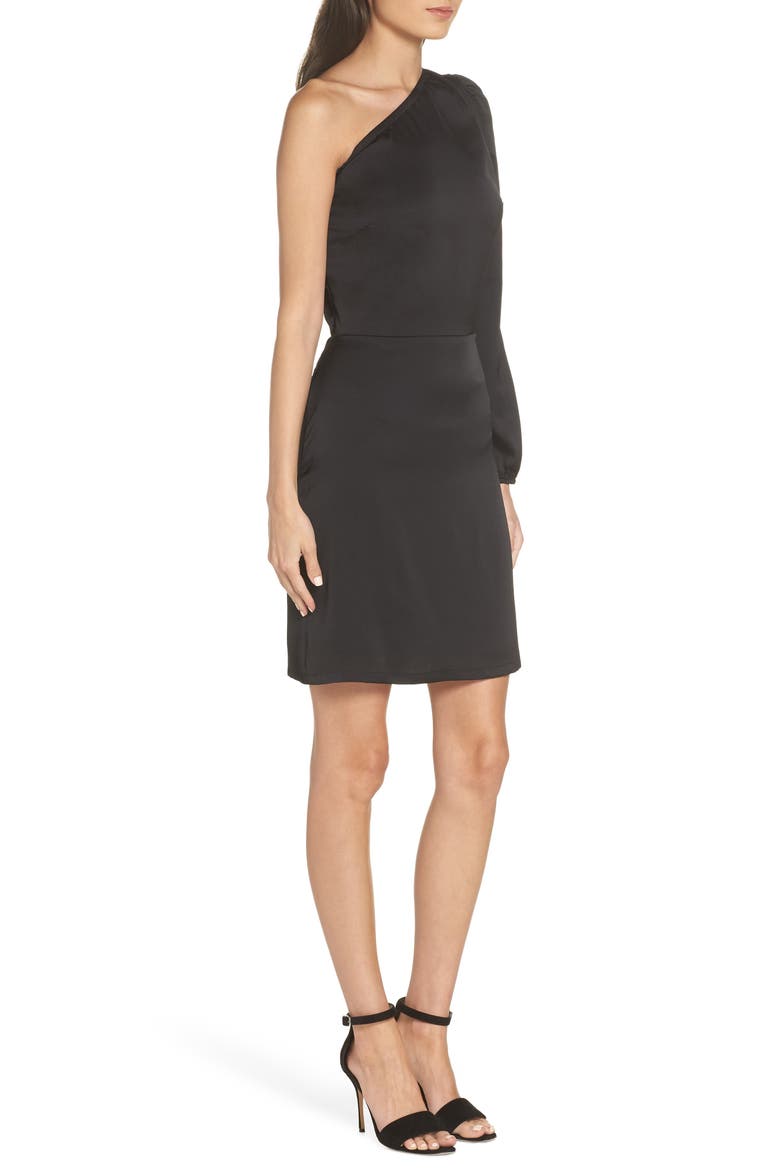 One-Shoulder Satin Dress, Alternate, color, BLACK