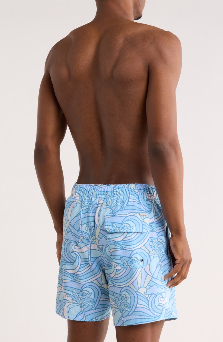 Vintage Summer Print Seersucker Volley Swim Trunks, Alternate, color, Aqua
