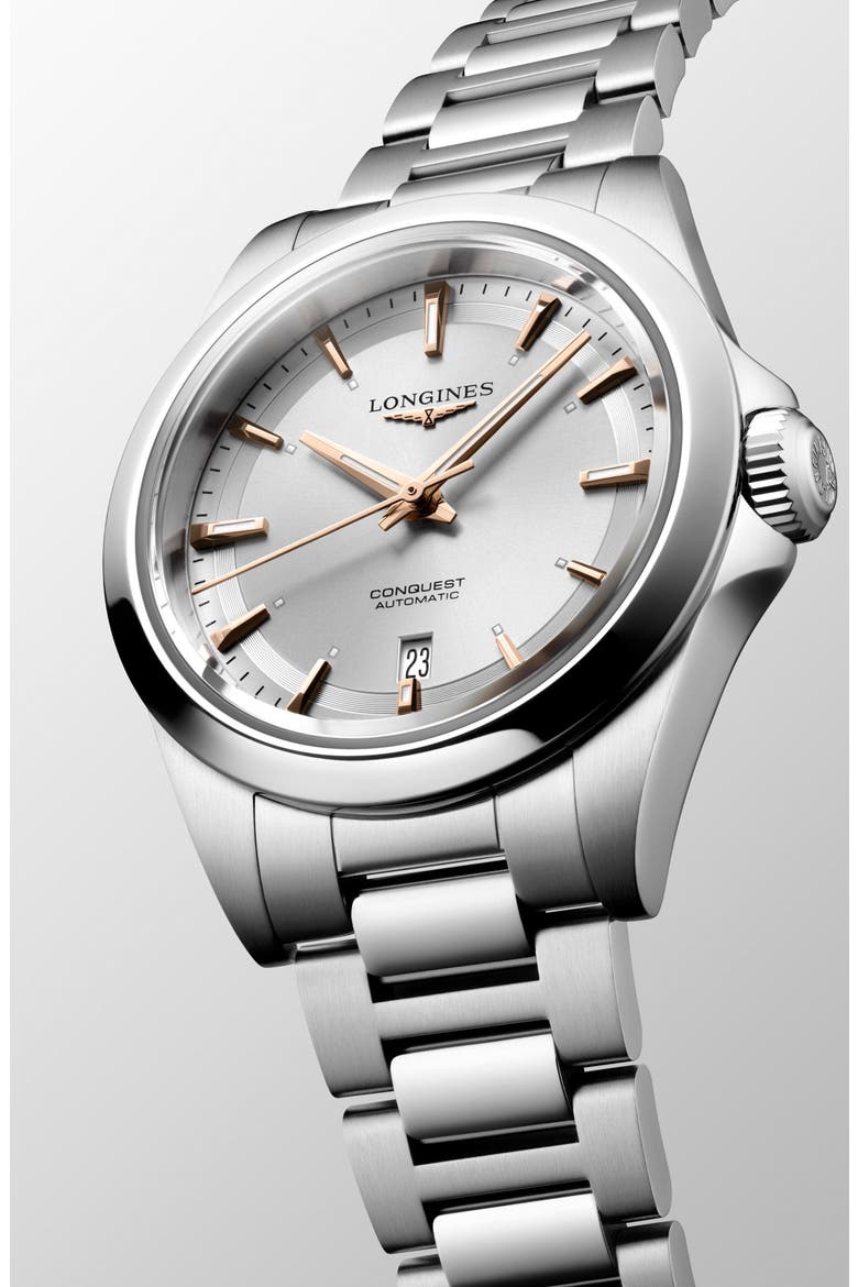 Conquest Silvertone Dial Automatic Bracelet Watch, 30mm, Alternate, color, SILVER