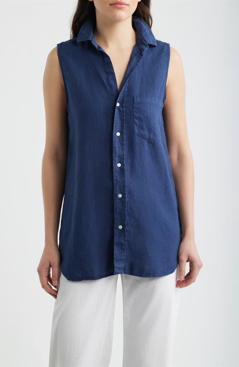 Frank & Eileen Finley Sleeveless Linen Button-Up Shirt, Main, color, Navy