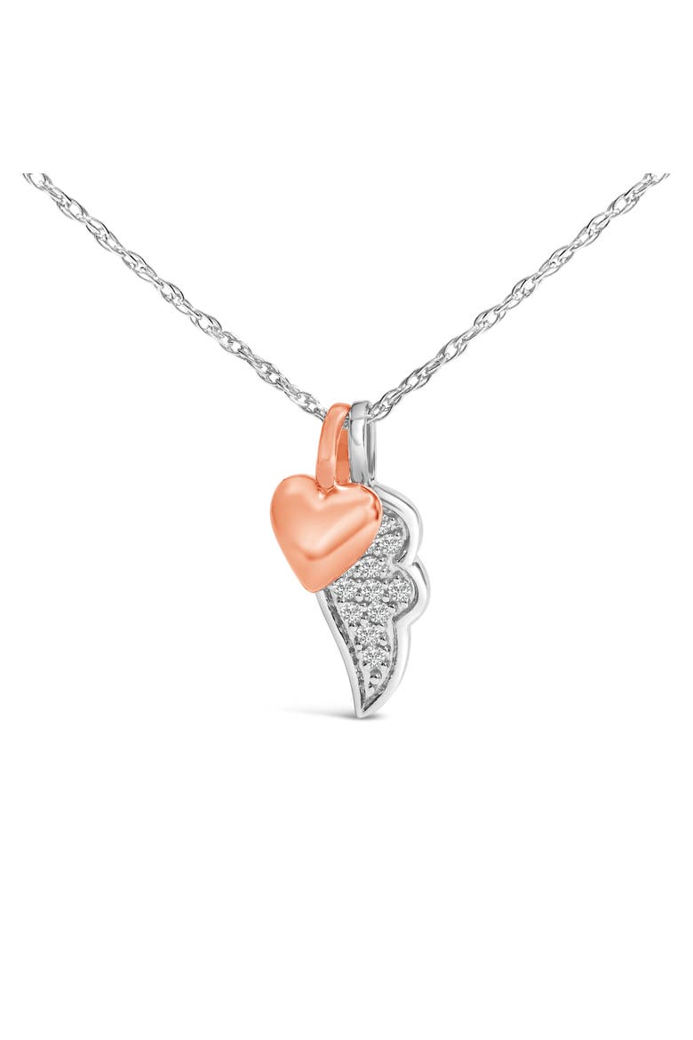 14K Rose Gold Plated Sterling Silver 1/10 Cttw Diamond Heart & Wing Pendant Necklace, Main, color, White Gold over Silver