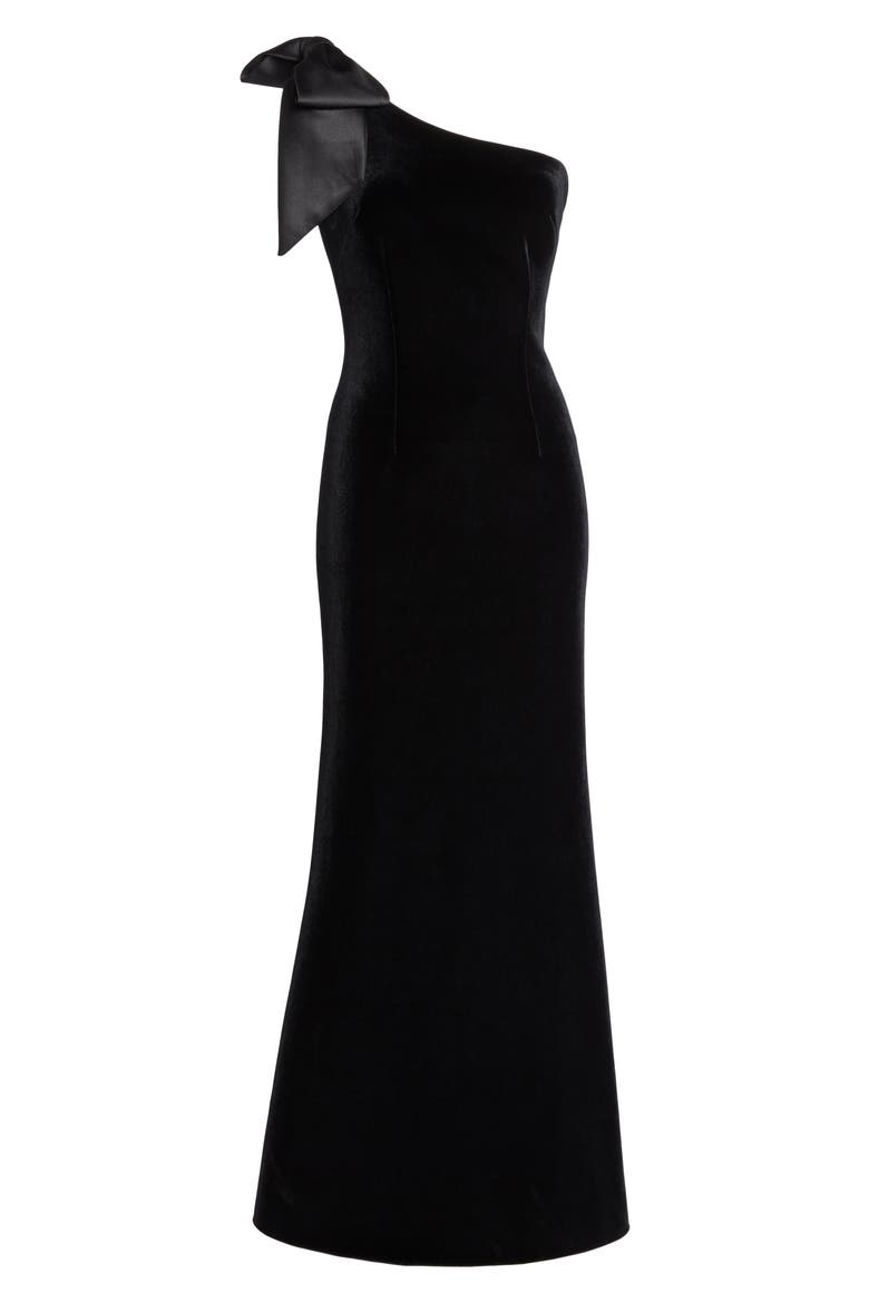 Bow One-Shoulder Velvet Gown, Alternate, color, BLACK