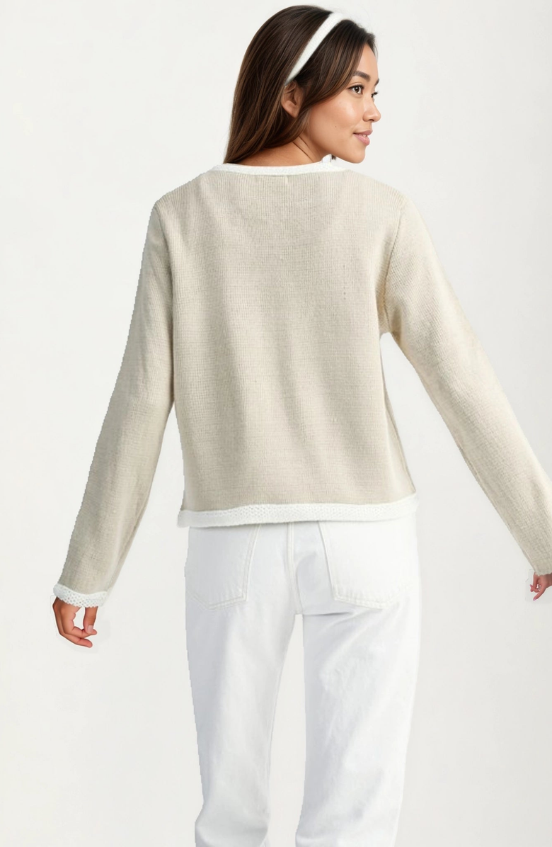 Knit and Lounge Button Front Contrast Trim Patch Pocket Cardigan, Alternate, color, Beige With White Trim