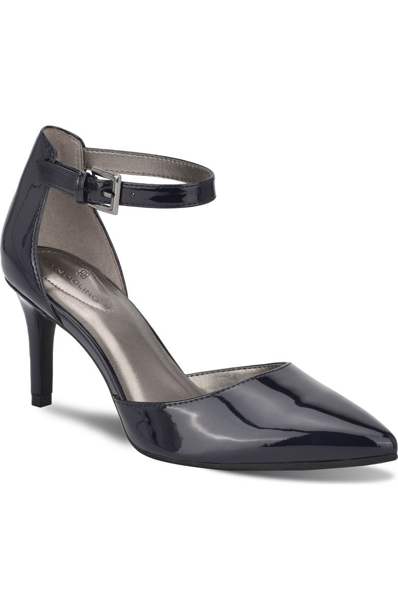 Bandolino Ginata Pointed Toe Ankle Strap Pump, Main, color, Navy Patent