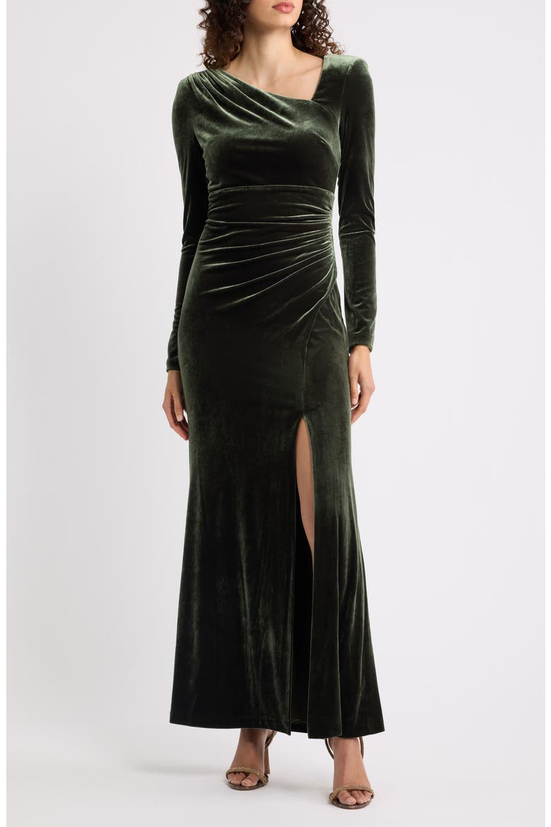 Ruched Velvet Long Sleeve Gown, Main, color, OLIVE