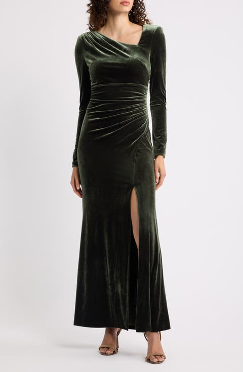Ruched Velvet Long Sleeve Gown