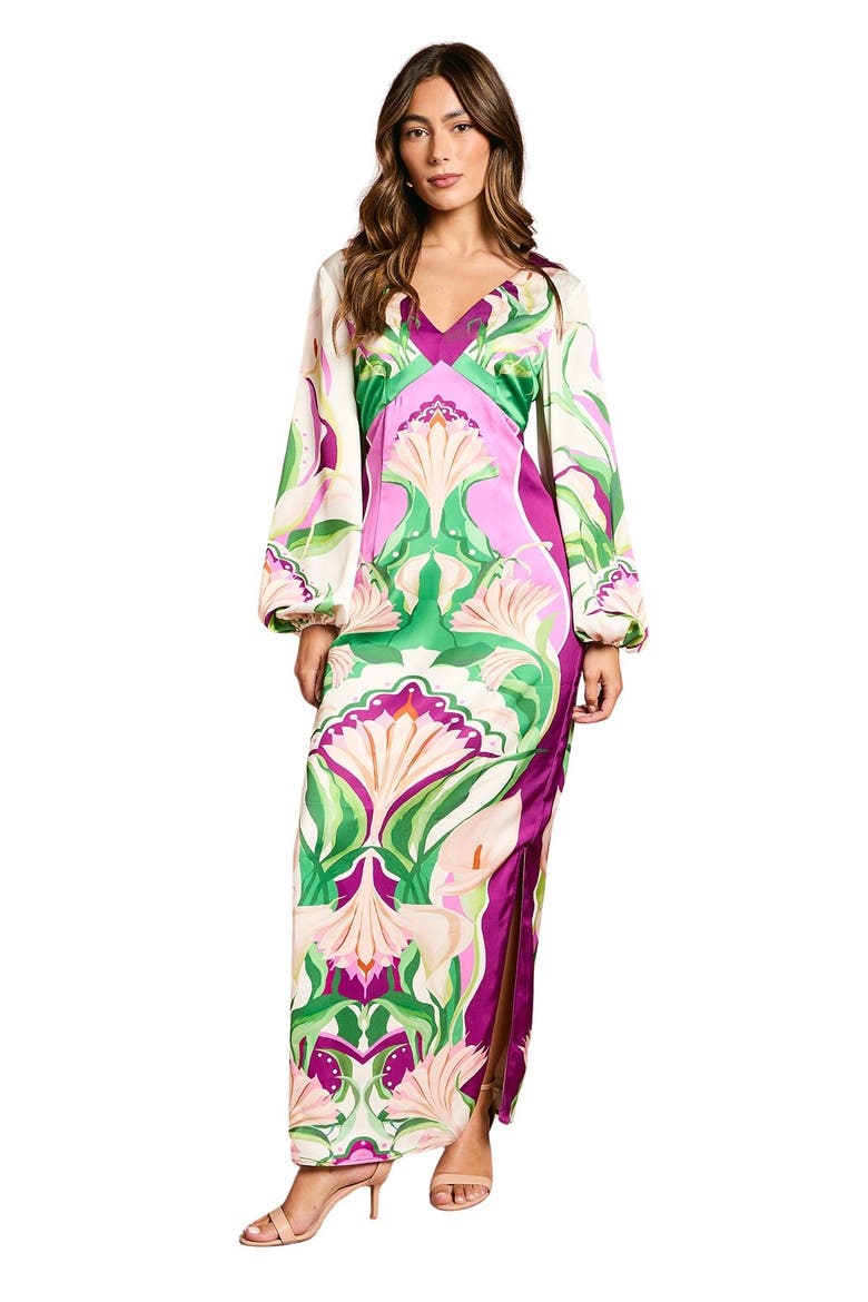 Long Sleeve Placement Print Midi Dress, Main, color, Multi