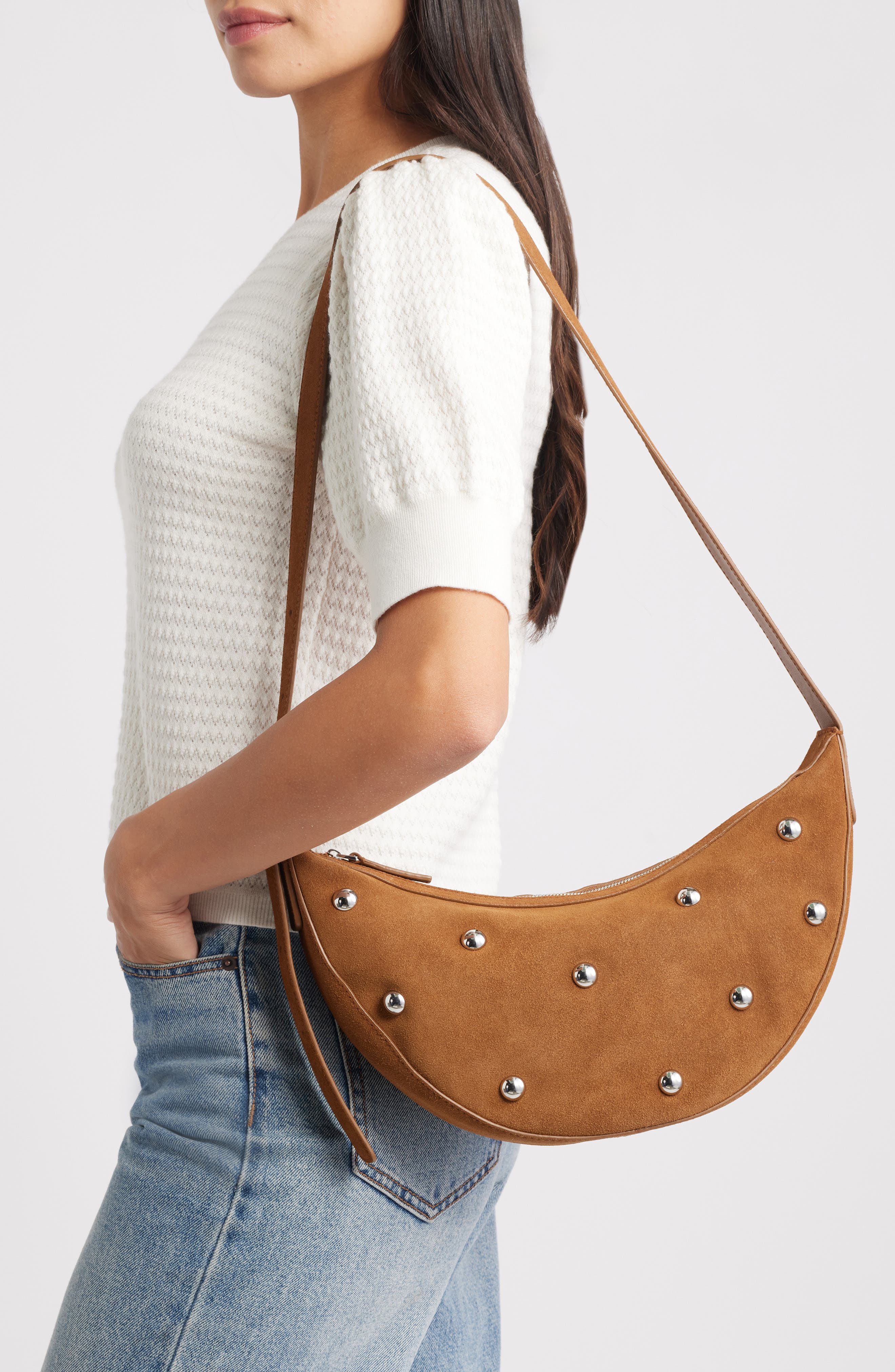 Madewell Studded Crescent Suede Sling Bag, Alternate, color, Dried Acorn