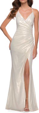 La Femme Wrap Style Metallic Jersey Gown with Ruching
