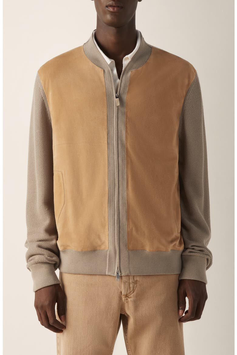 Beige Cashmere & Suede Bomber Jacket, Main, color, BEIGE