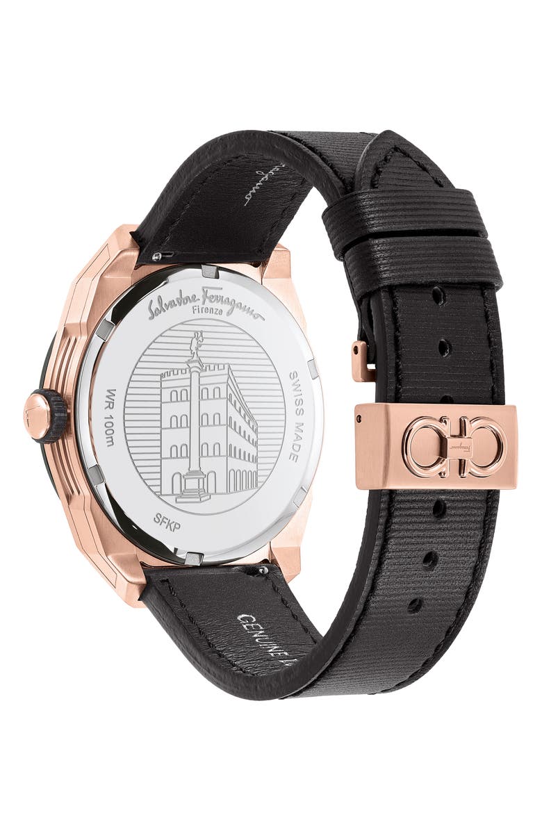 FERRAGAMO SLX GMT Leather Strap Watch, 43mm, Alternate, color, Rose Gold