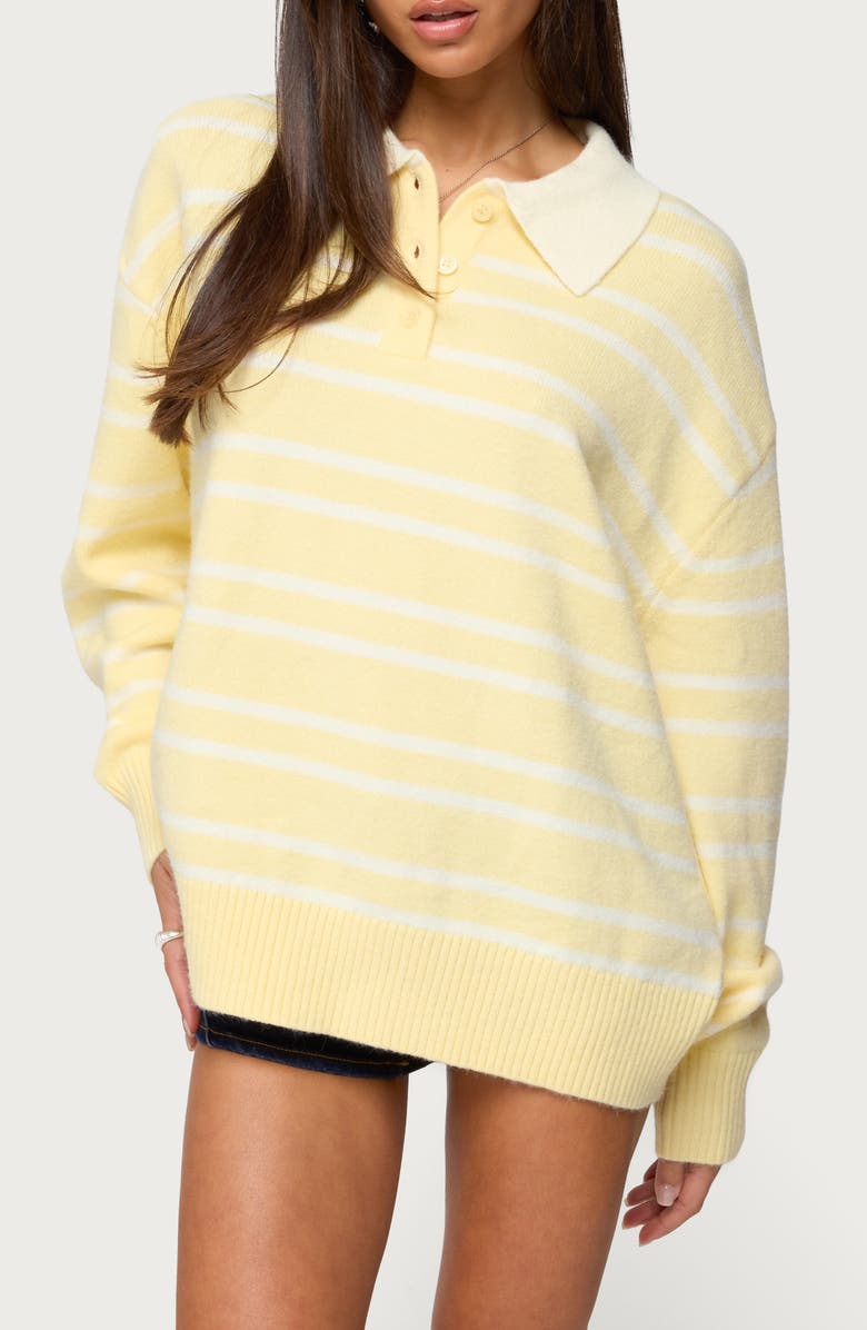 EDIKTED Rilynn Stripe Polo Sweater, Main, color, Yellow-And-White