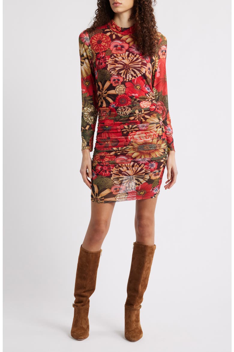 Flowershop Long Sleeve Floral Mesh Minidress, Main, color, RED MULTI
