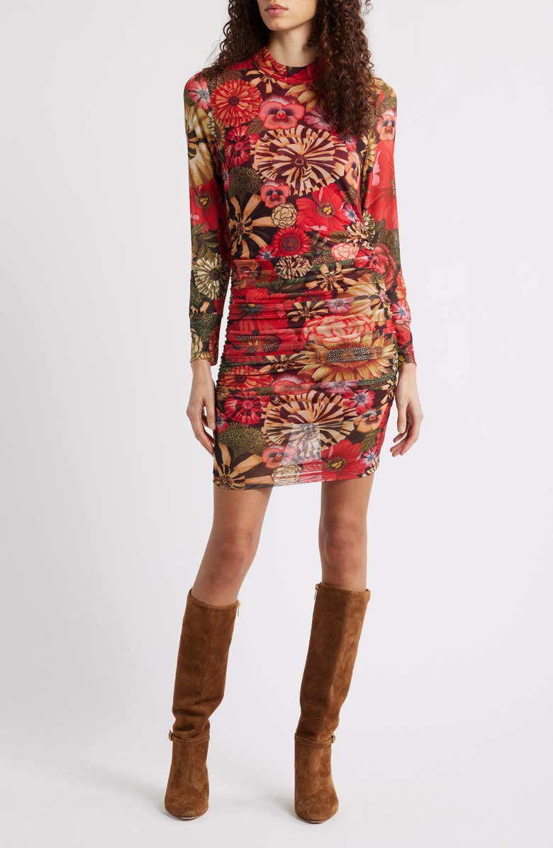 FARM Rio Flowershop Long Sleeve Floral Mesh Minidress, Main, color, Red Multi