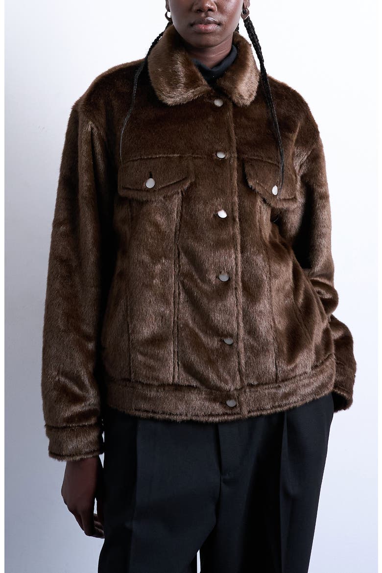 Faux Fur Western Trucker Jacket, Main, color, BROWN