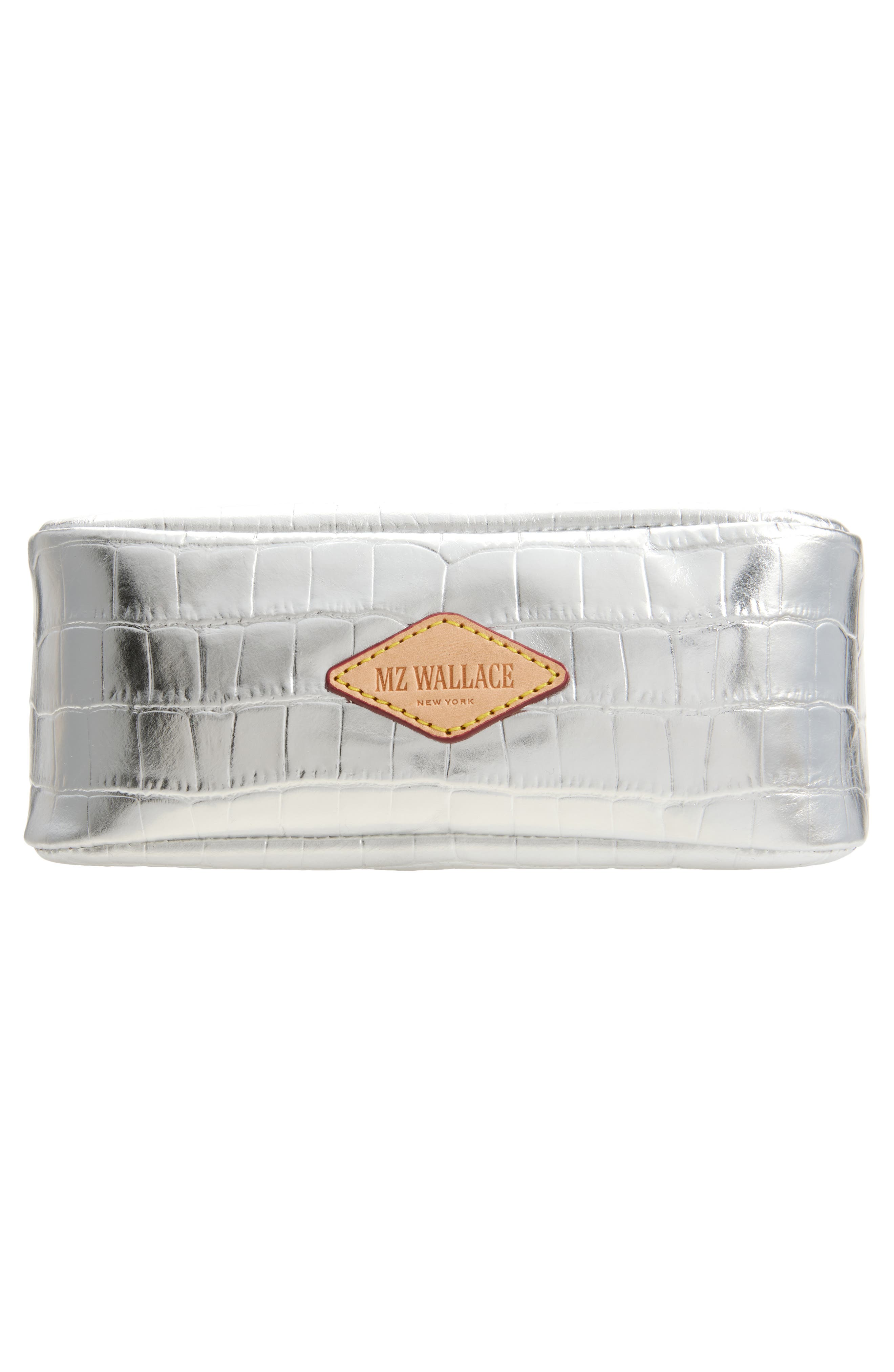 Small Luna Croc Embossed Metallic Leather Cosmetic Pouch, Alternate, color, SILVER CROC EFFECT