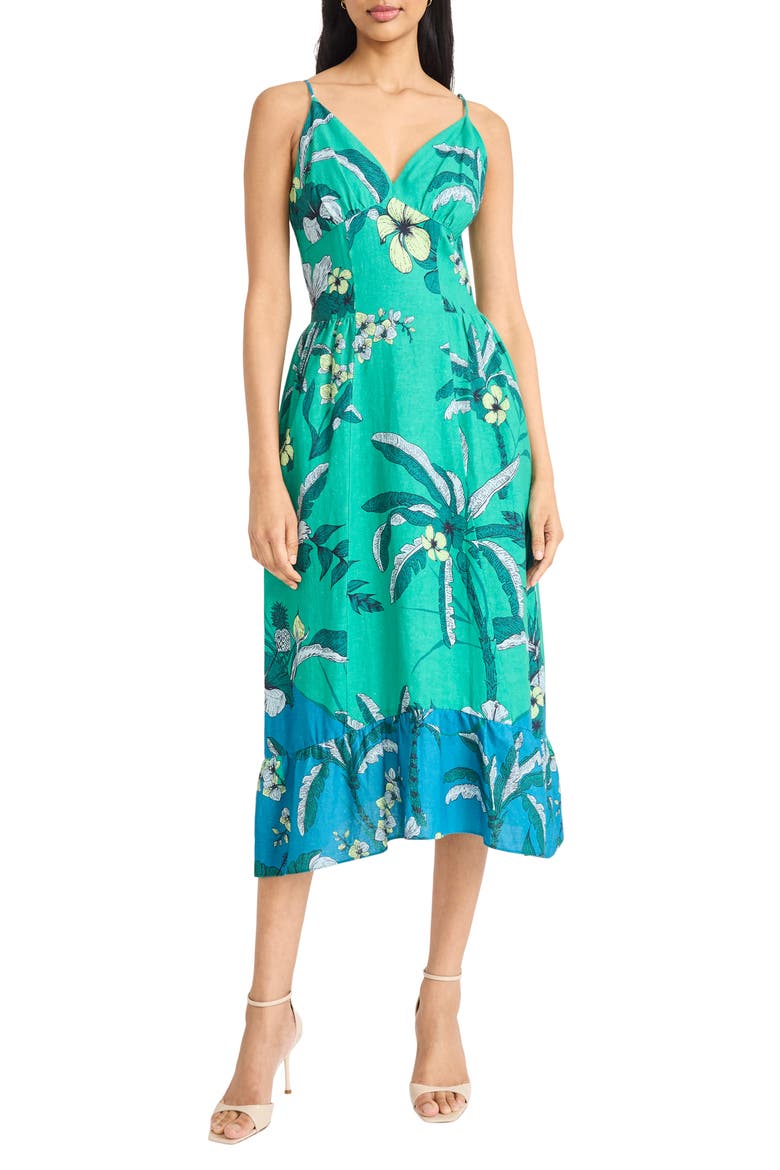 Floral Linen Blend Fit & Flare Midi Dress, Main, color, SPECTRUM GREEN/ TEAL BLUE