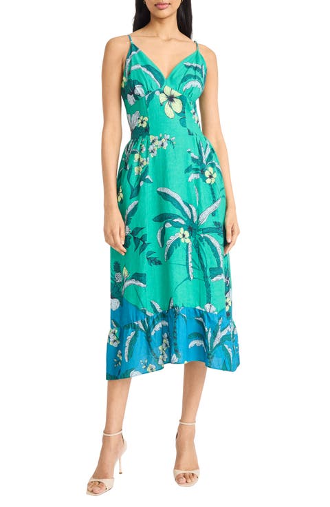 Floral Linen Blend Fit & Flare Midi Dress