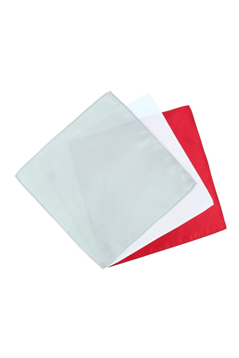 The Gatsby 12 inch Solid Silk Pocket Square Trio, Alternate, color, Red, Silver, and White