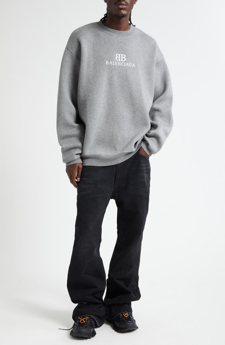 Balenciaga BB Logo Jacquard Crewneck Sweater, Alternate, color, Heather Grey/ White
