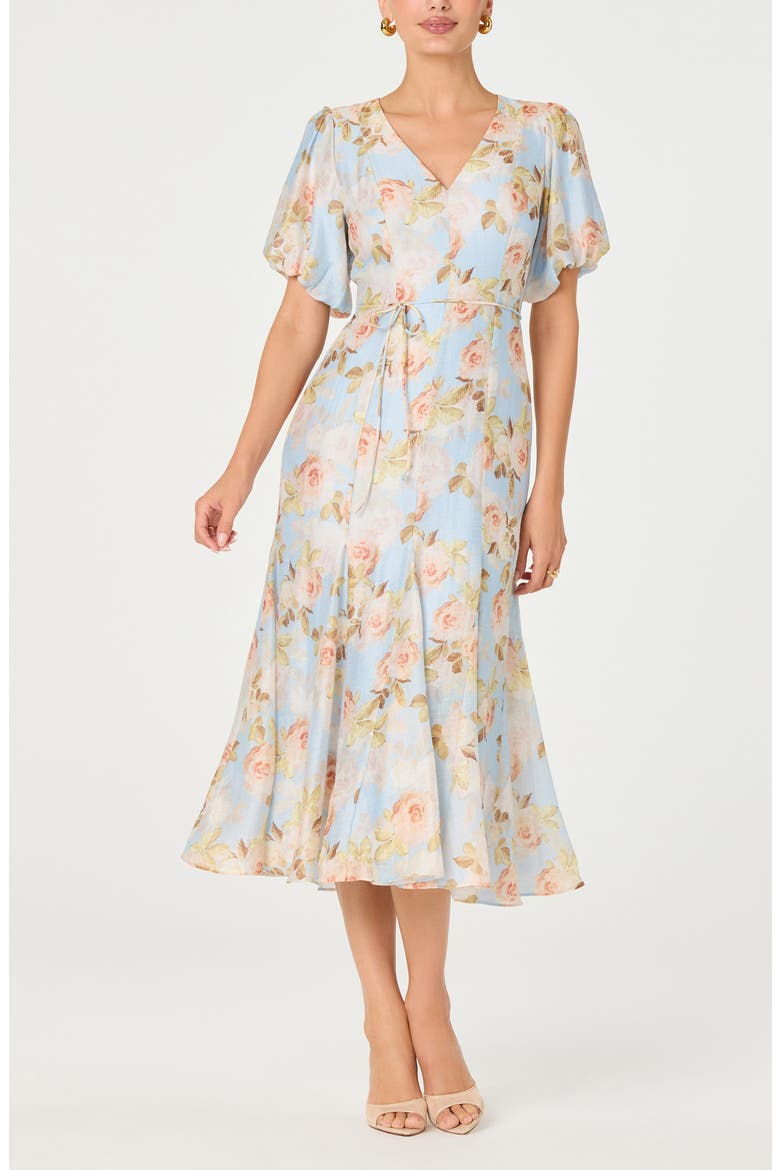 Lavena Floral Puff Sleeve Midi Dress, Main, color, BLUE FLRL