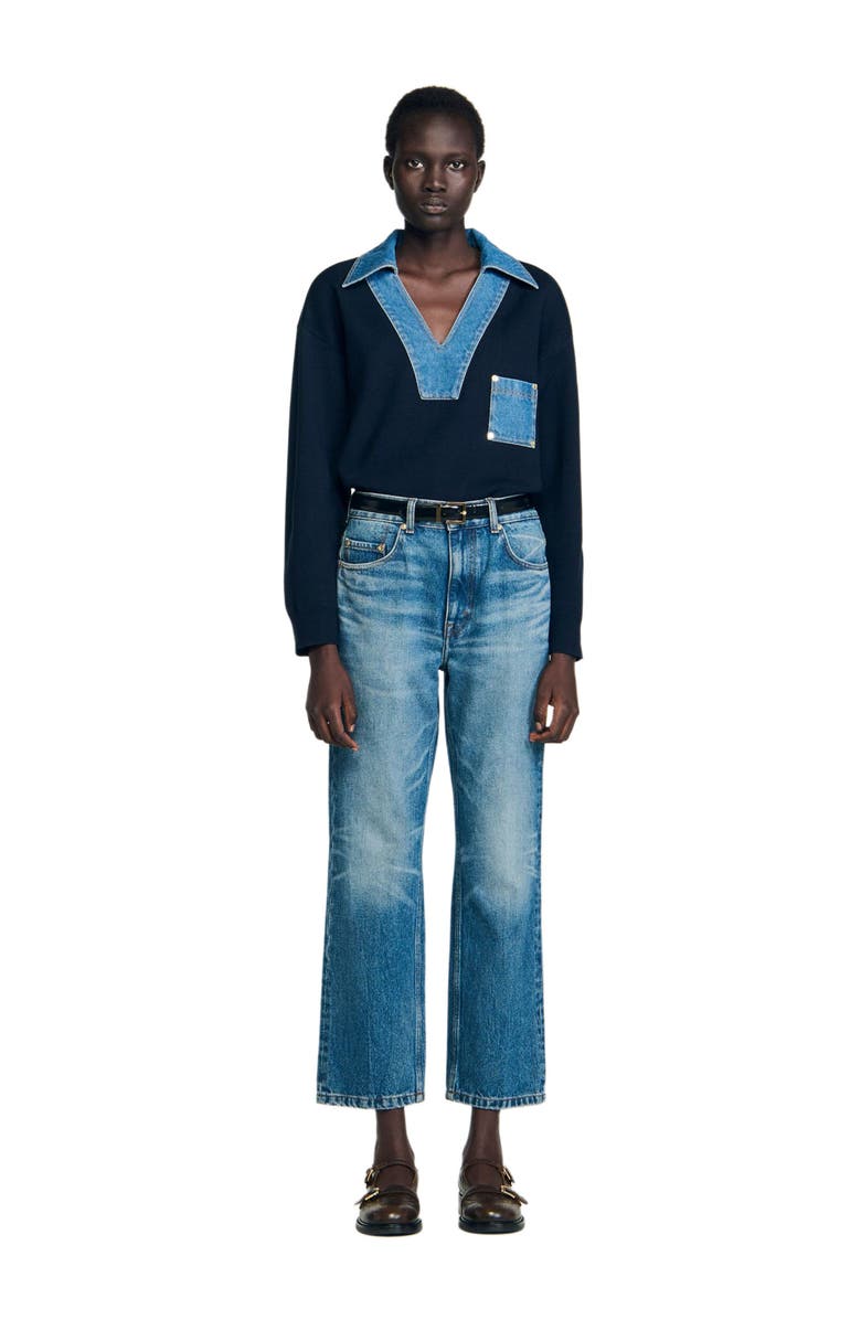 SANDRO Sweater with denim details, Main, color, Navy Blue