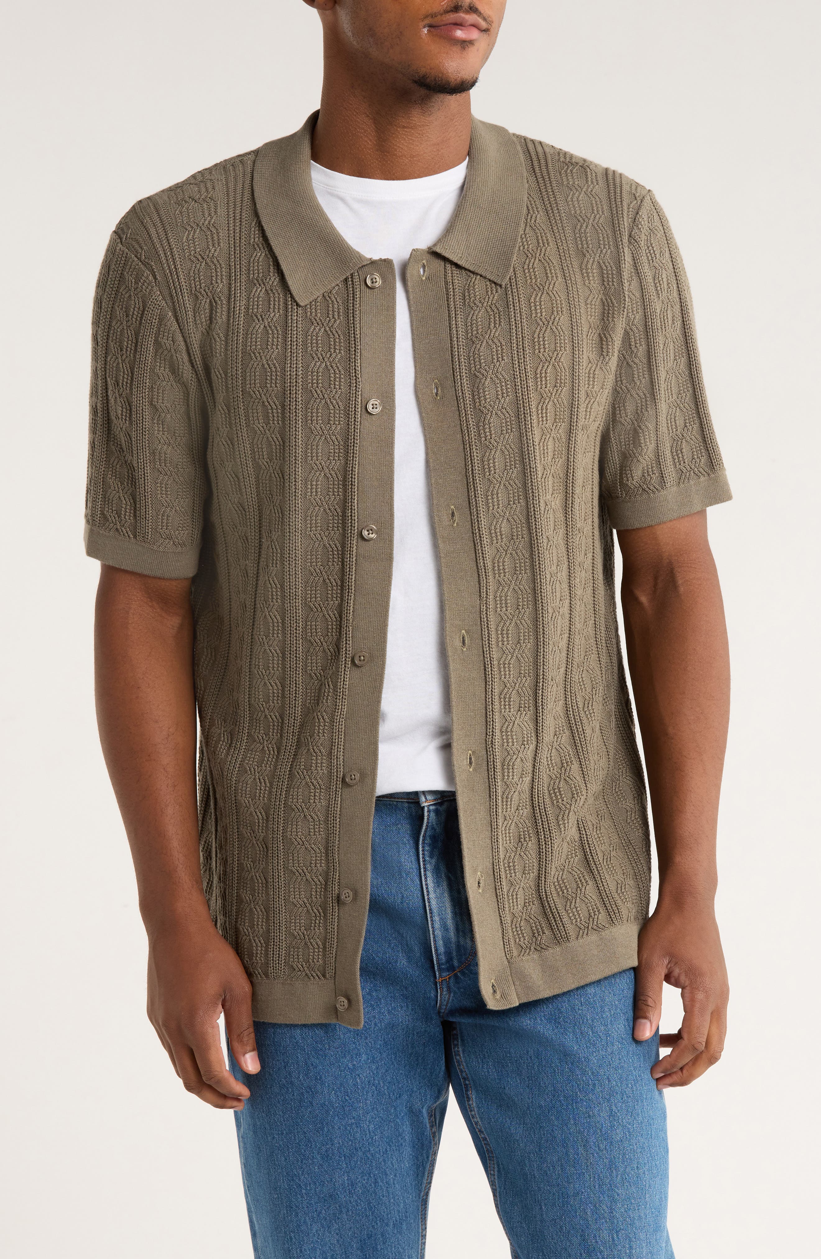 TRUTH Short Sleeve Cable Knit Button-Up Shirt