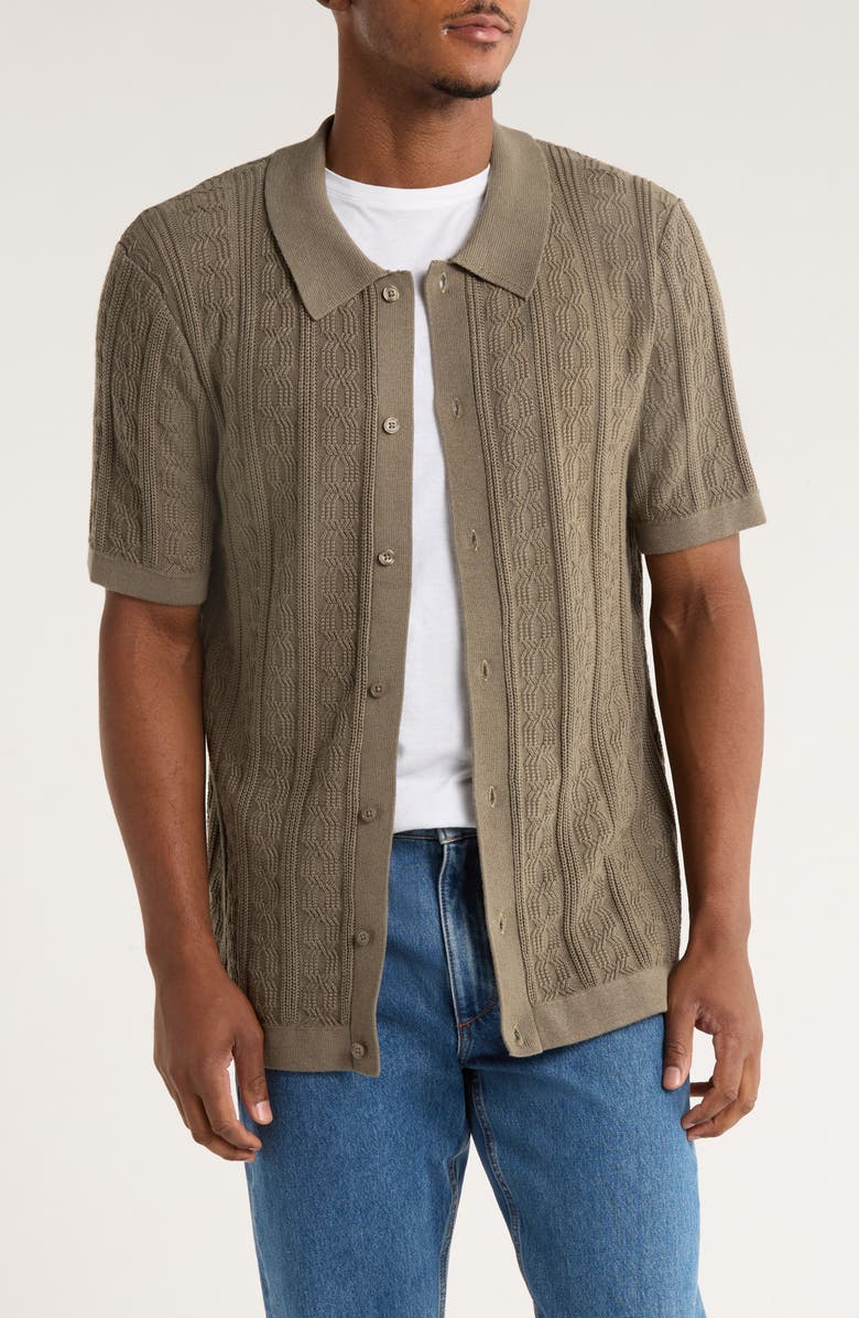 TRUTH Short Sleeve Cable Knit Button-Up Shirt, Main, color, Spring Olive