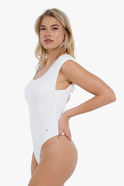 Popilush Shapewear Square Neck Padded Shoulder Slimming Bodysuit In Pearl White