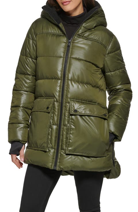 Faux Shearling Lined Hood Channel Quilted Puffer Parka Jacket