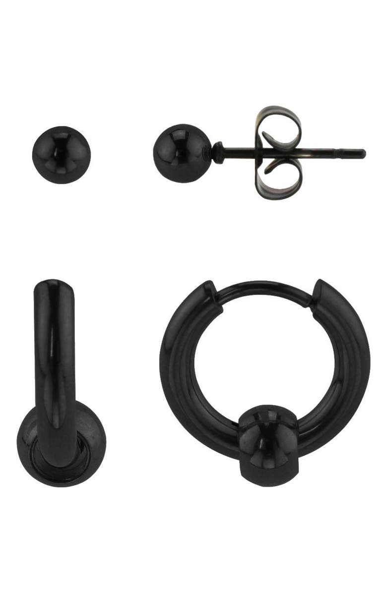 REBL Ball Stud Earrings & Huggie Hoop Earrings Set, Main, color, Black