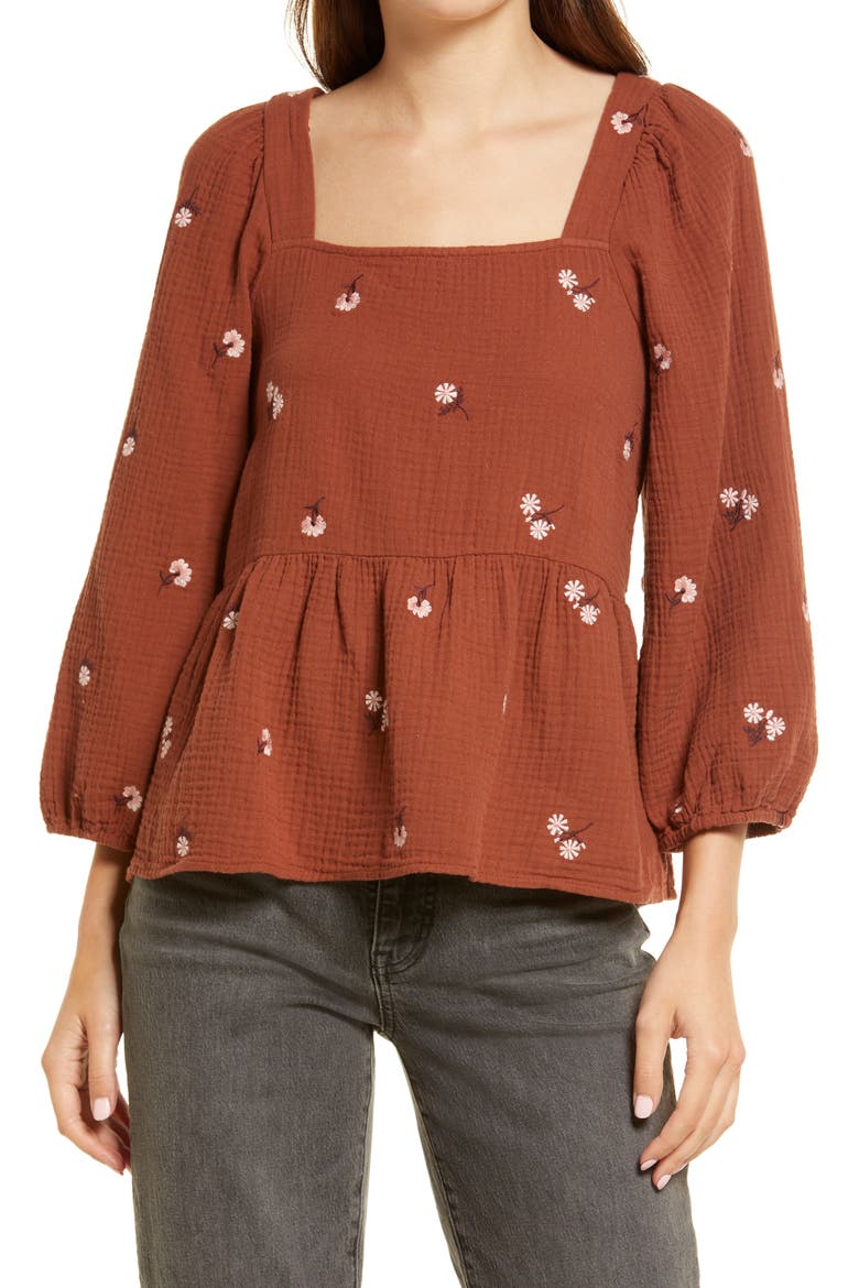 Millbrook Amie Floral Embroidered Puff Sleeve Lightspun Peplum Top, Main, color, MAPLE SYRUP