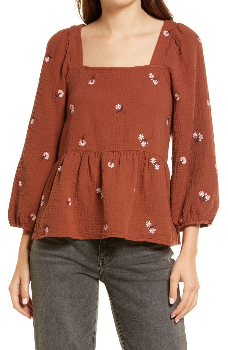 Madewell Millbrook Amie Floral Embroidered Puff Sleeve Lightspun Peplum Top, Main, color, 