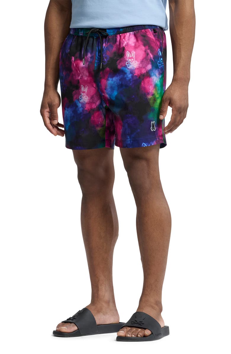 Psycho Bunny Dokos Print Swim Trunks, Alternate, color, Black