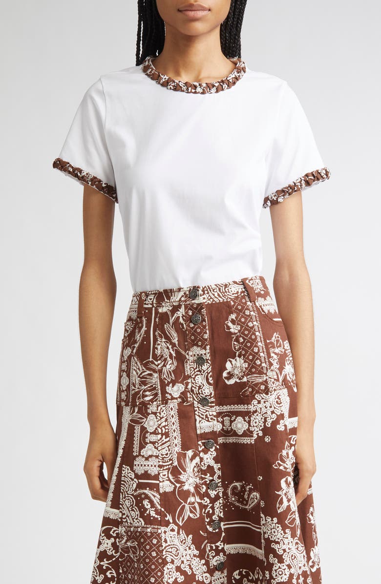 Cinq à Sept Bandana Braided Trim Stretch Cotton T-Shirt, Main, color, White/ Dark Sepia