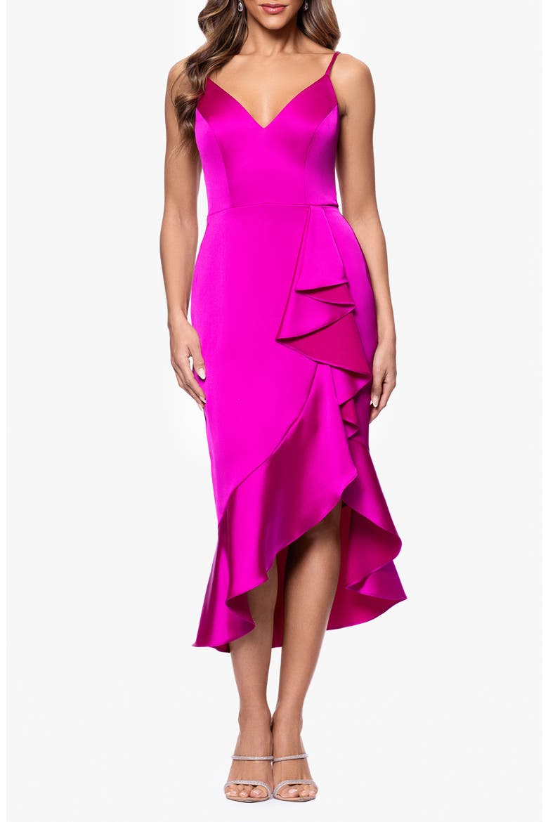 Cascasde Ruffle Detail Satin Cocktail Dress, Main, color, MAGENTA