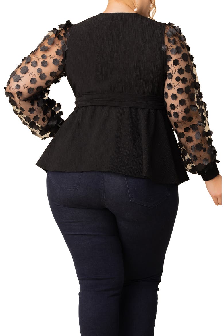 Scattered Petals 3D Sleeve Peplum Wrap Top, Alternate, color, ONYX BLOSSOMS