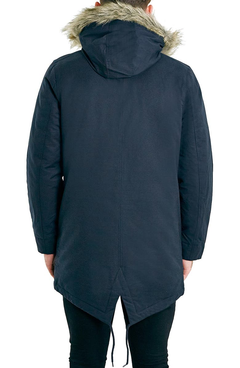 Topman Navy Heavyweight Fishtail Parka with Faux Fur Trimmed Hood, Alternate, color,