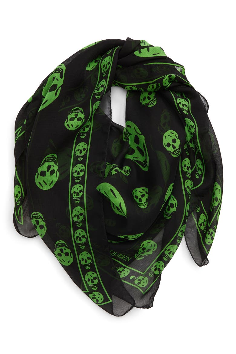 Alexander McQueen Skull Silk Scarf, Alternate, color, BLACK/ LIGHT GREEN