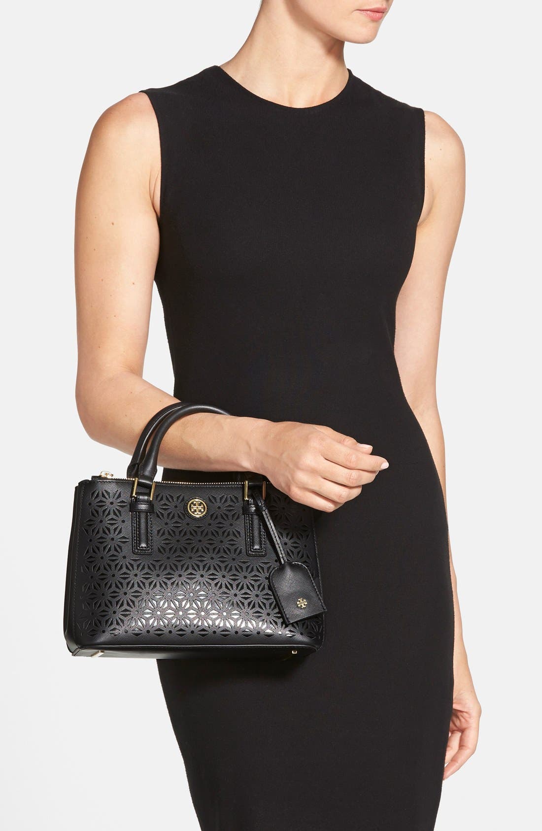 'Robinson - Micro' Perforated Leather Double Zip Tote, Alternate, color, BLACK