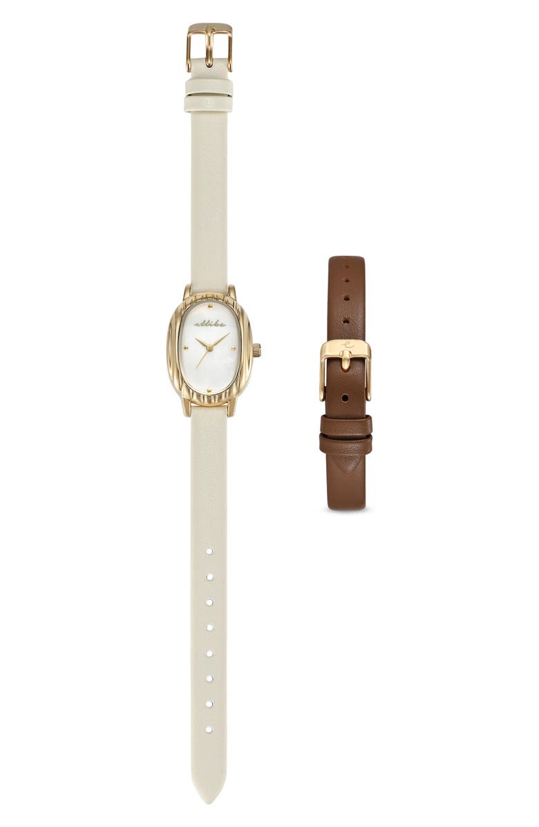 Ettika Oval Mother of Pearl Watch & Leather Strap Set, Alternate, color, Chocolate