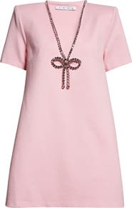 Area Crystal Bow V-Neck Ponte Knit T-Shirt Minidress