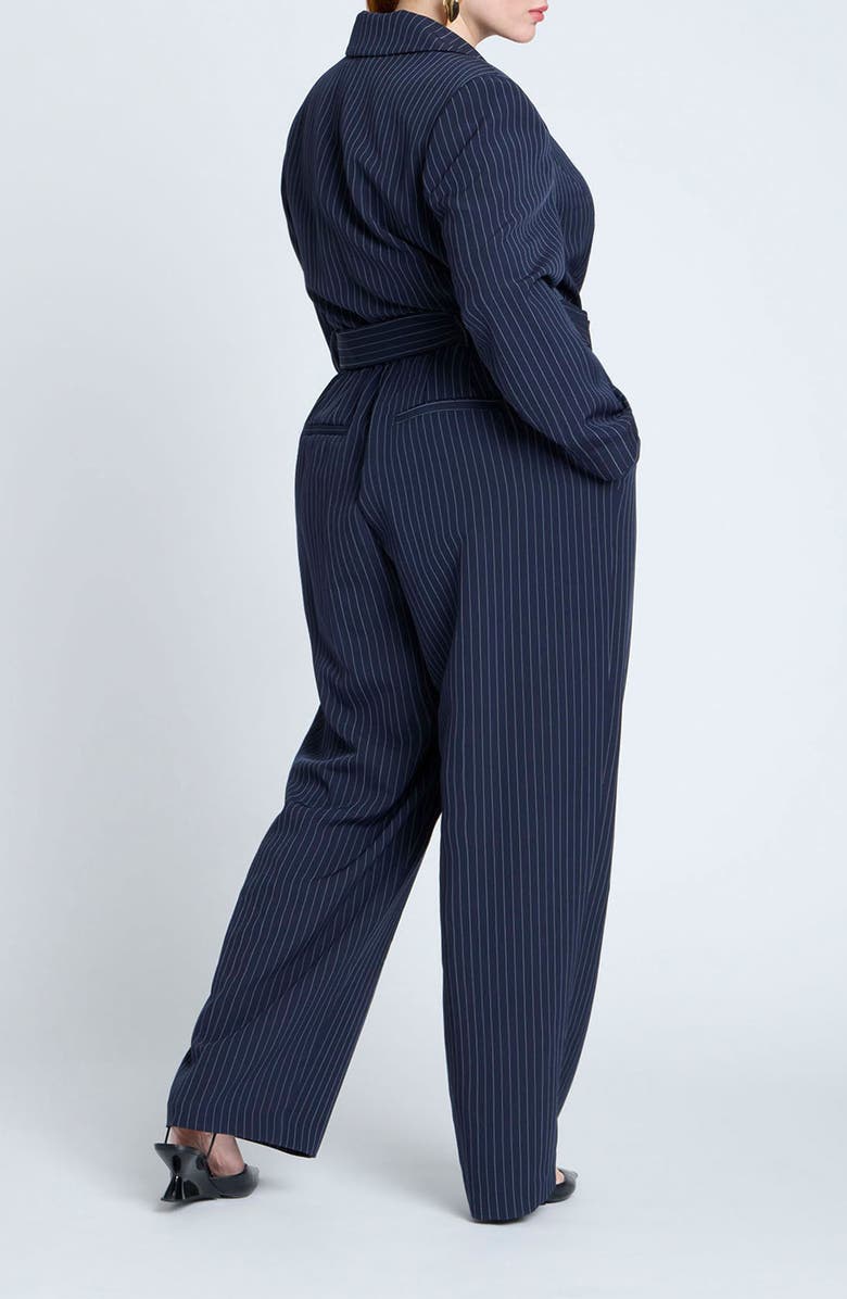 ELOQUII Pinstripe Long Sleeve Belted Jumpsuit, Alternate, color, 