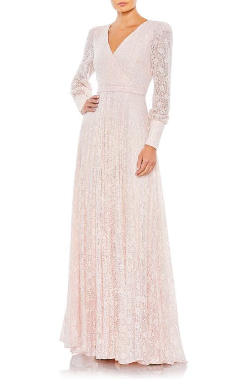 Mac Duggal Beaded Lace Long Sleeve Wrap Over Gown In Light Rose In Light Rose
